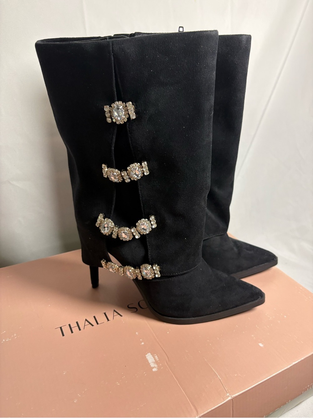 New Thalia Sodi Black Crystal-Embellished Knee Boots size 7M